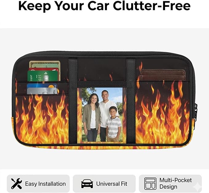 Flames Print Sun Visor Storage Bag Multi-Pocket Auto Visor Storage Bag with Zipper Pockets,Adjustable Straps Auto Interior Accessories Pocket Organizer