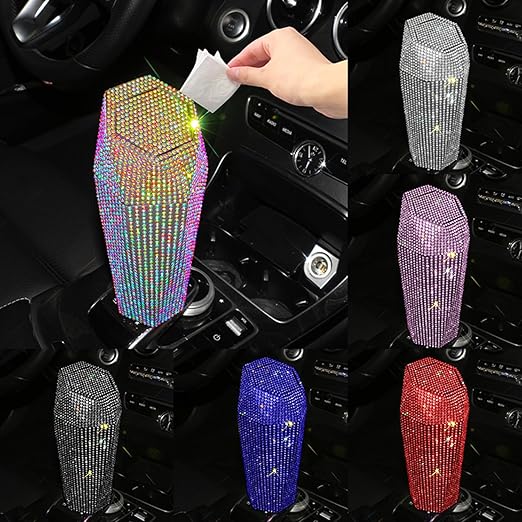 Rhinestone Car Trash Can with Lid, Sparkly Garbage Can, Diamond Design Small Automatic Portable Trash Can for Automotive, Home, Office, Kitchen, Bedroom.