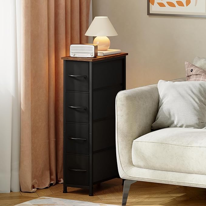 Somdot Narrow Dresser with 4 Drawers, Slim Storage Chest of Drawers with Removable Fabric Drawers for Closet Small Spaces Bat