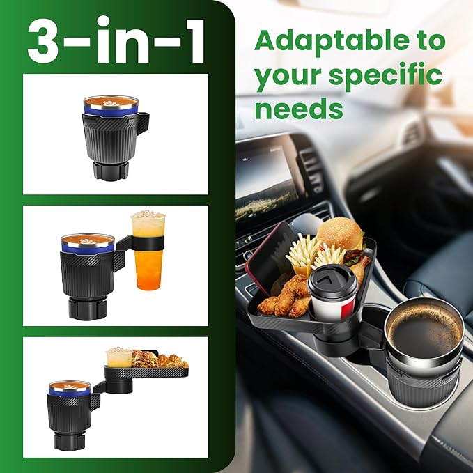 Car Cup Holder Tray, Extra Large Car Cup Holder Expander with 360° Rotation Fit Most Big Cup Detachable 3 in 1 Car Trays for 