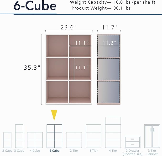 Homes: Inside + Out Apexa 6-Cube Storage Organizer Shelves, Stackable Wood Bookcase Fits Cubby Bins for Organization, Dorm Te