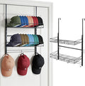 Widousy Over the Door Hat Organizer, 3 Tier Wall Mounted Hat Rack with 2 Adjustable Metal Basket and 3 Hooks, Baseball Cap Or