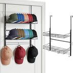 Widousy Over the Door Hat Organizer, 3 Tier Wall Mounted Hat Rack with 2 Adjustable Metal Basket and 3 Hooks, Baseball Cap Or