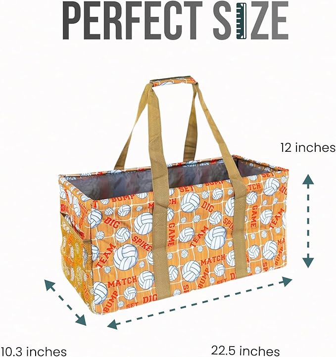 Extra Large Utility Tote Bag - Oversized Collapsible Reusable Wire Frame Rectangular Canvas Basket With Two Exterior Pockets For Beach, Pool, Laundry, Car Trunk, Storage - Volleyball
