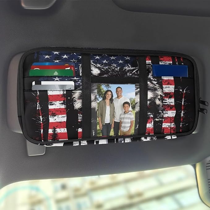 Wolf American Flag Car Sun Visor Storage Bag,Truck Visor Organizer Card Sleeve Pocket Document Holder for Registration, Driving Licens