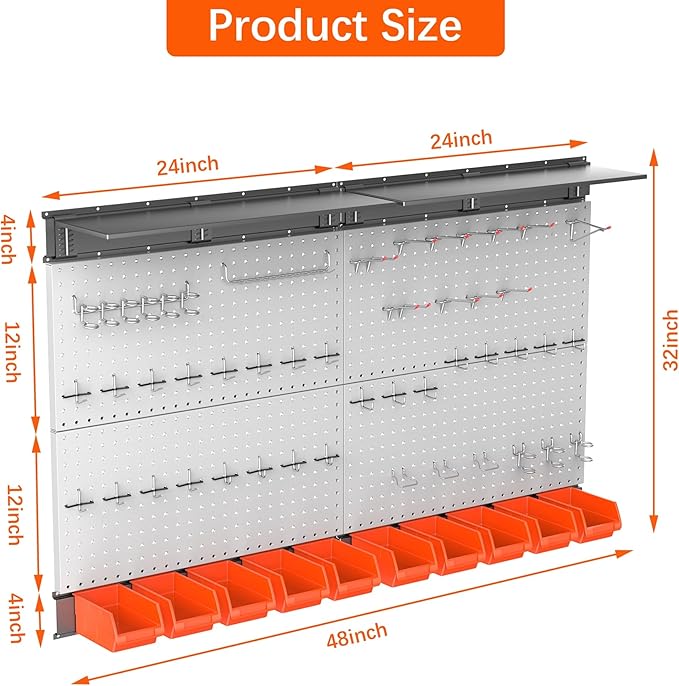 TORACK Metal Pegboard with Peg Board Hooks, Tools Storage Pegboard with Pegboard Hooks, Wall Mounted Storage Bins, Shelves, T