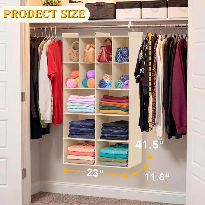 Ofiray-home 5 Tier Hanging Closet Organizer, 14 Compartments Sweater Organizer for Closet with 3 Sturdy Hooks, Closet Organiz