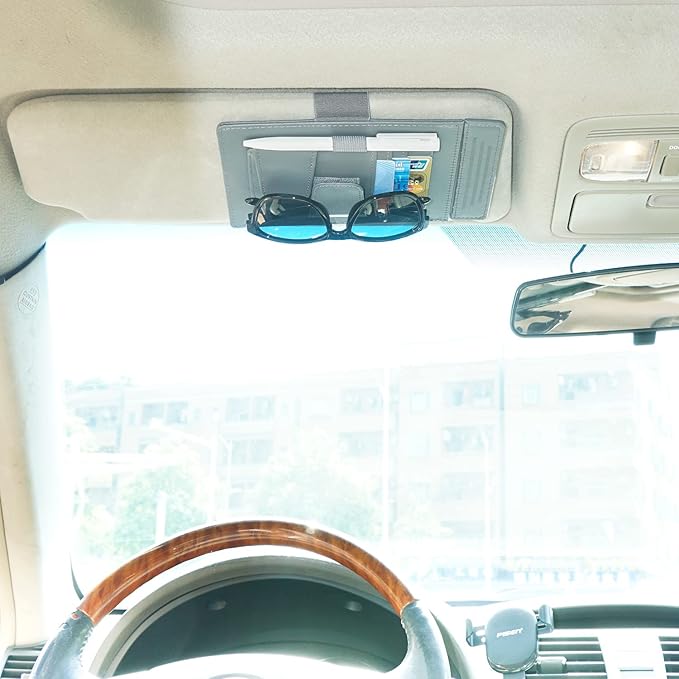 TFY Car Sun Visor Extender and Organizer, Universal Sunshade Anti-Glare, Vehicle Storage Holder for Sunglasses, Pens and Cards, Multi-Pocket Auto Interior Accessories - 1 Piece (Gray)