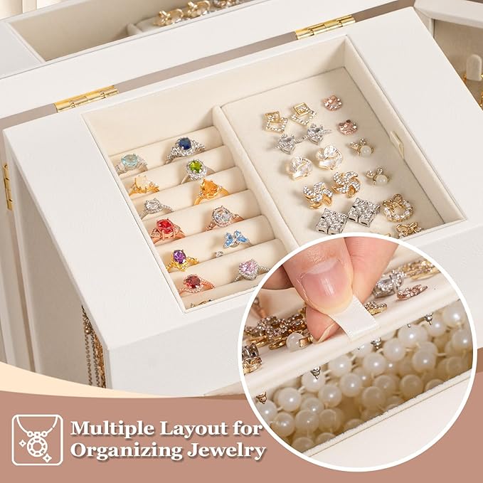 Emfogo Jewelry Boxes for Women, 5-Layer Large Leather Jewelry Organizer Box with Mirror and Drawers, Jewelry Storage for Neck