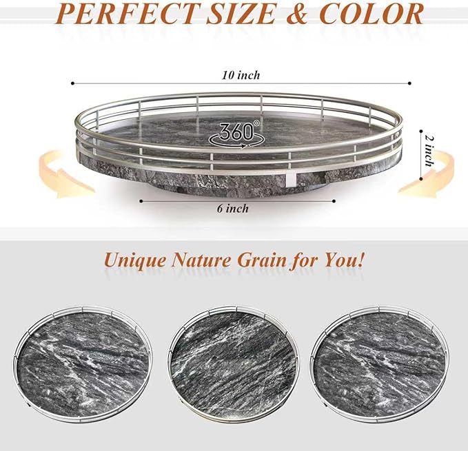 Gray Marble Lazy Susan Turntable for Table Top – 10” Round Marble Tray Organizer for Dining Table, Kitchen Countertop & Bar, 