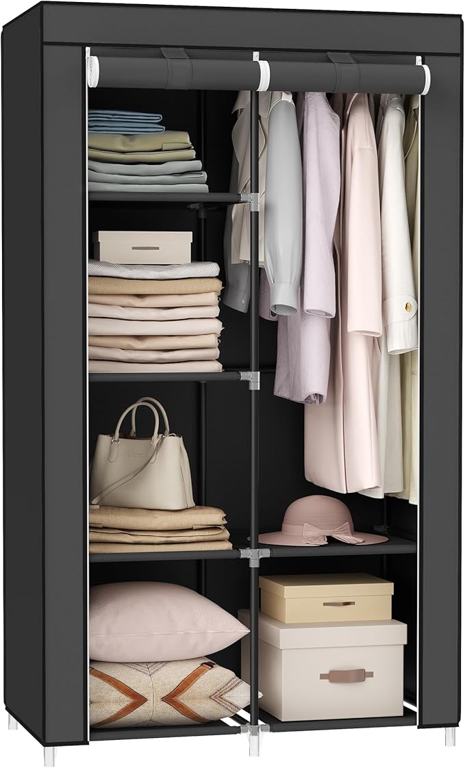 SONGMICS Portable Closet, Fabric Wardrobe, Clothes Rack with Shelves, Pockets, Large Capacity, 1 Hanging Rod, 34.6 x 17.7 x 6