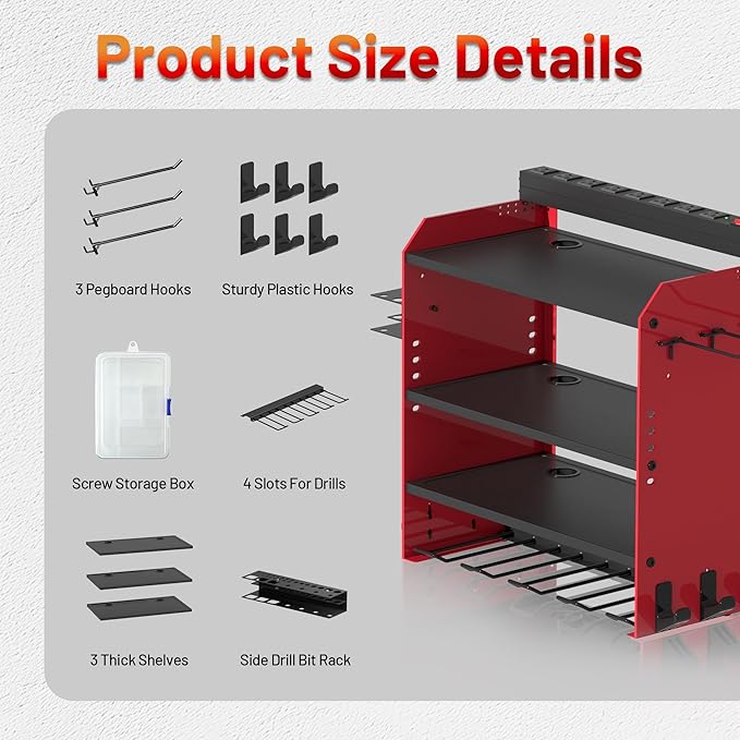 Power Tool Organizer Wall Mount with Charging Station, Garage 4 Drill Storage Shelf with Cordless Tool Holder, Heavy Duty Rac