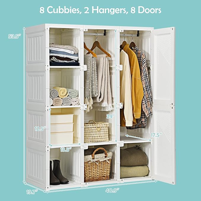 Tangkula Portable Closet Wardrobe, Foldable Clothes Organizer with Cubby Storage, Hanging Rods, Easy Assemble Clothing Storag