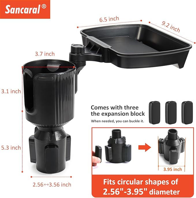 Car Large Cup Holder Expander, 2-in-1 Cupholder Extender with Swivel and Detachable Snack Food Tray Table for Eating, Travel 