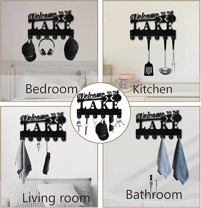 Lake House Key Holder Black Key Holder Wall Mount 11.8 x 7.5 Inch Welcome to The Lake Wooden Keychain Hanger Organizer Rack w
