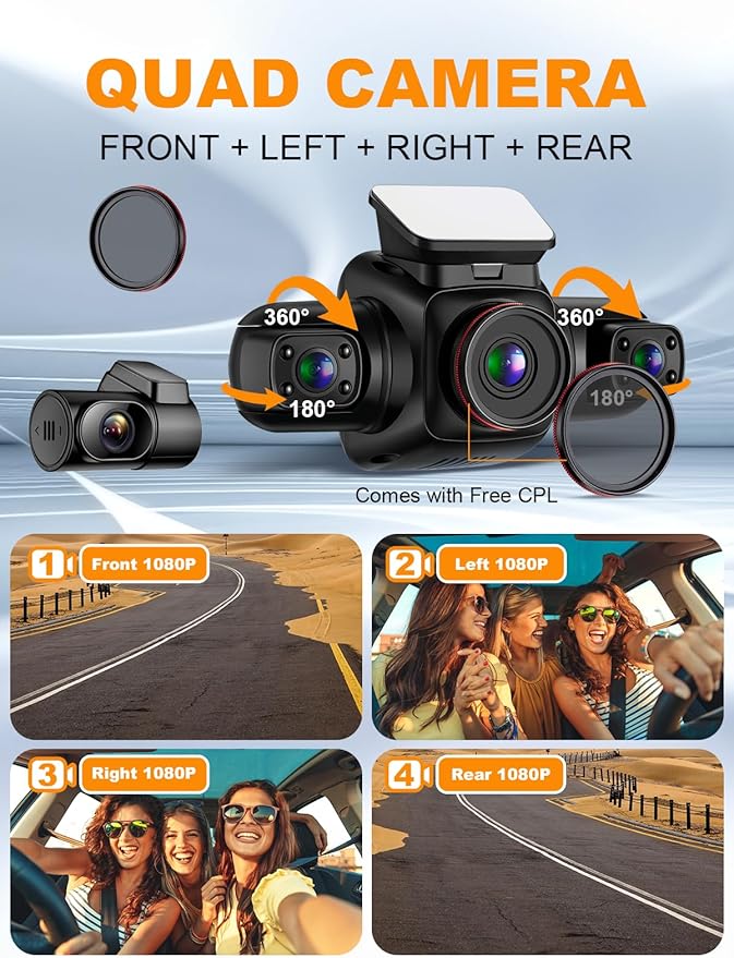 PRUVEEO 360 Degree View 4 Channel Dash Cam Front and Rear Inside Left Right, Dash Camera for Cars with CPL, Built-in GPS WiFi