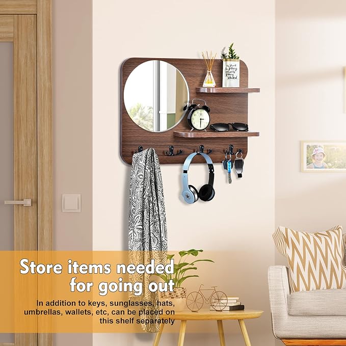 Coat Rack with Shelf Rustic Wooden Wall Mounted Hanging Coat Rack with Mirror Shelves and 4 Double Hooks Decorative Entryway 