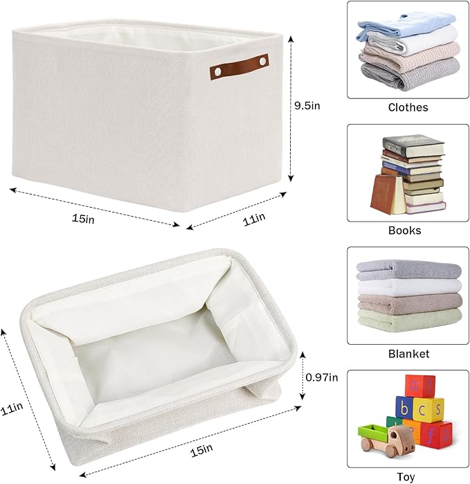 HNZIGE Large Fabric Storage Basket Organizers (3 PCS), Foldable Decorative Shelf Baskets with Leather Handles (Cream, 15" x 1