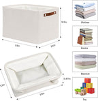 HNZIGE Large Fabric Storage Basket Organizers (3 PCS), Foldable Decorative Shelf Baskets with Leather Handles (Cream, 15" x 1