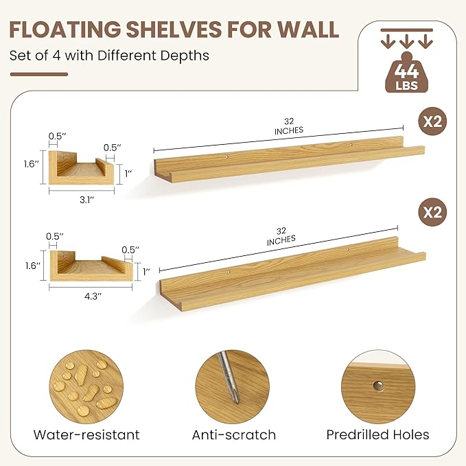Fun Memories Picture Ledge Shelf, Floating Shelves Set of 4, 32 Inch Picture Shelves for Wall with Ledge, Large Nursery Book 