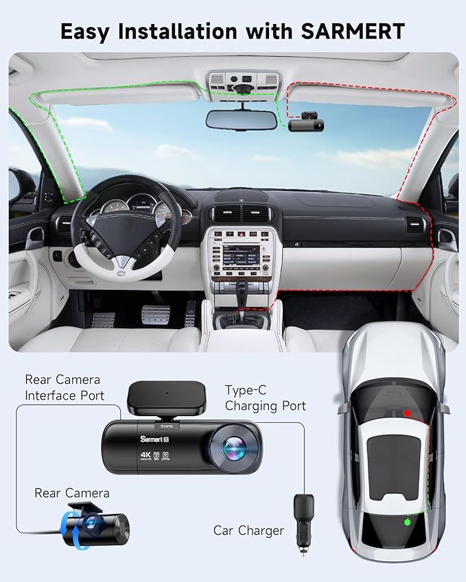 SARMERT 4K 3 Channel Dash Cam, Dash Cam Front and Rear C3, Free 64GB Card, 4K+1080P+1080P Dashcam, G-Sensor, WDR, APP, 5G WiF