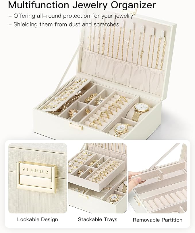 Vlando Jewelry Organizer,2 Layer Jewelry Box Large Jewelry Organizer for Women Removable Jewelery Tray with Watch Pillow for 
