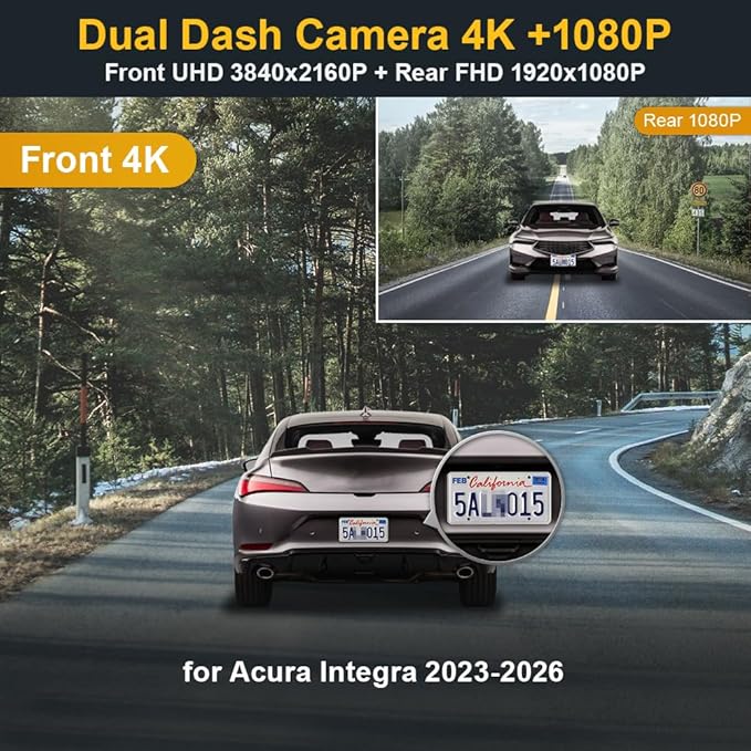 Fitcamx Front 4K+Rear 1080P Dash Cam Adapts for Acura Integra Type S 2023-2026 (Black Cover), OEM Factory Look, Dual HD Video, Built-in WiFi & APP, Loop Recording, G-Sensor, Easy to Set, 64GB Card