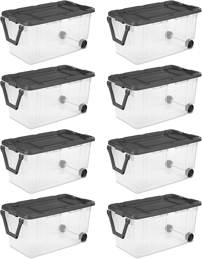 Sterilite 8-Pack Modular Stacker Box, Durable Clear Plastic Storage Bins with Latching Lids, 40 Quart - Stackable Organizing 