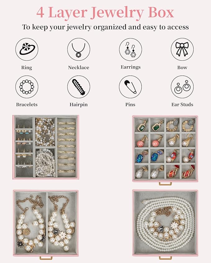 TORIBIO Jewelry Box for Women, Leather Jewelry Organizer with Mirror & Lock, 4-Tier Jewelry Storage Organizer with 3 Drawers 