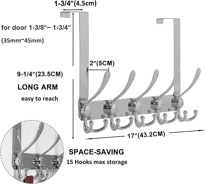 Dseap Over The Door Hook Hanger - Fits 1 3/8" to 1 3/4" Standard Doors | 5 Tri Hooks Heavy Duty Towel/Coat Rack | Door Organi