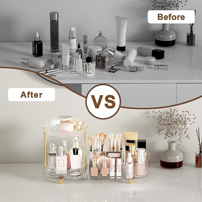 Makeup Organizer Countertop for Vanity, Rotating Perfume Tray with 5-compartment Cosmetic and Skincare Organizers, Multi-Purp