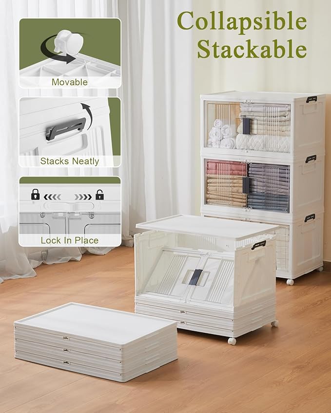 OlarHike 76QT Lockable Storage Bins with Lids - Folding Storage box with Doors and Wheels, Collapsible Plastic Bins for Close