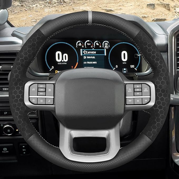 MEWANT Hand Stitch Steering Wheel Cover for Ford F150 Lightning F350 Expedition Made of Real Leather Embossed Athsuede