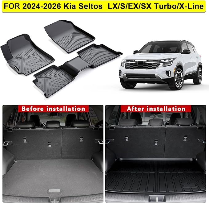 TPE Floor Mats for 2024-2026 Kia Seltos LX/S/EX/SX Turbo/X-Line, All Weather Car Floor Liners Fit Kia Seltos Accessories Black （Crop fit Subwoofer