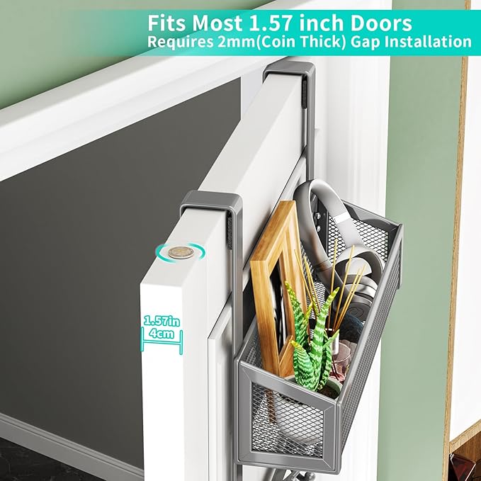 HapiRm Over The Door Hooks - Easy Installation Door Hanger with Basket and 16 Hooks, 304 Stainless Steel Storage Organizer fo