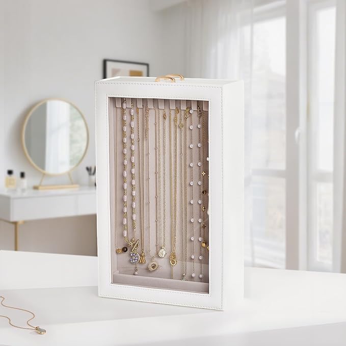 Lolalet Necklace Organizer Box, Jewelry Storage Box with Clear Window for Necklaces Bracelets, Tangle-Free Necklace Display C