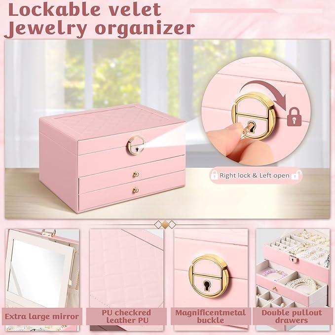 3 Layer Jewelry Boxes Large Jewelry Holder Organizer Case with 2 Jewelry Organizer Drawer PU Necklace Organizer Lockable Upgr