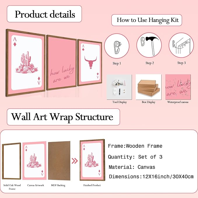Western Wall Art Set of 3, Southwestern Cowboy Playing Card Wall Decor, Pink Longhorn Bull Skull and How Lucky are We Poster 