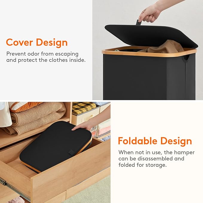 Lifewit 100L Laundry Basket with Lid, Clothes Hampers for Laundry with Bamboo Handles and 1 Removable Bag, Large Foldable Lau