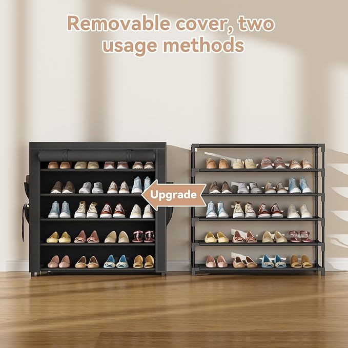 LANTEFUL Shoe Rack with Covers 5 Tier Tall Shoe Rack Organizer Large Capacity Shoe Shelf Storage 20-24 Pairs Space Saving Fre
