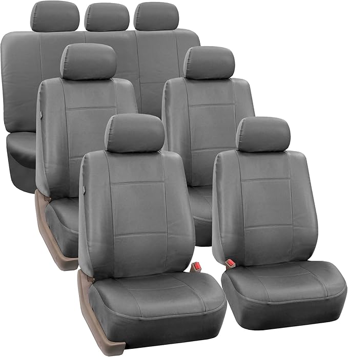 FH Group Car Seat Covers PU Leather 3 Row Car Seat Covers 7 Seater, Airbag Compatible and Split Bench - Fit Most Car, Truck, 