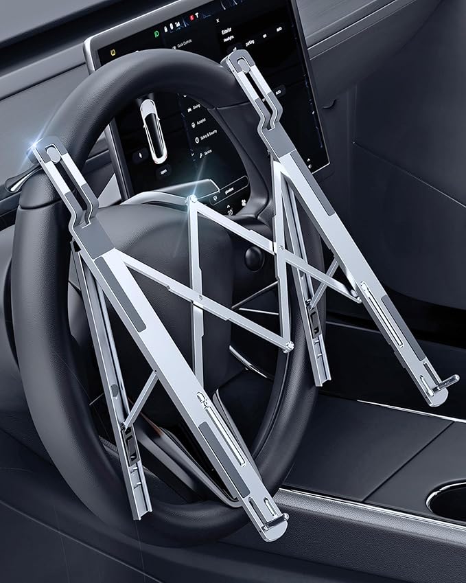 Steering Wheel Laptop Holder for Car SUV Pickup Truck Tesla Vehicle Workstation, Adjustable Foldable Portable iPad Tablet Laptop Stand for Desk, Tiktok Car Travel Essentials 2026 -Silver