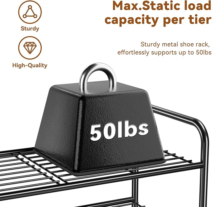 Shoe Rack, Closet Metal 2Tier 27 Inch Shoe Shelf Organizer for floor, Stackble & Adjustable, Black