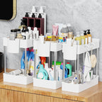 3 Pack Under Sink Organizers and Storage, 2 Tier Bathroom Cabinet Organizer Shelf with Hanging Cups for Kitchen & Bathroom (W
