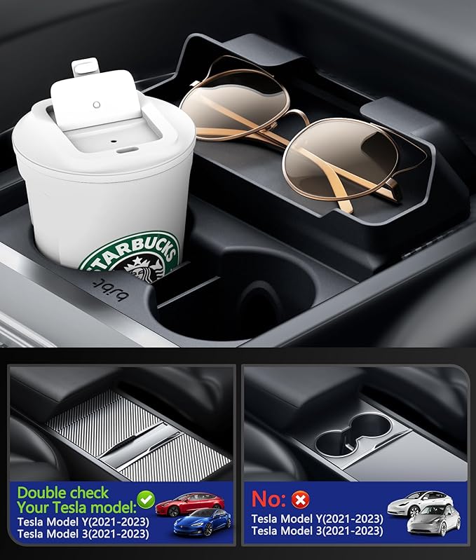 for Tesla Cup Holder Insert, 2-in-1 for Model Y Juniper(2025/2026)& Model 3 Highland(2024/2025) with Storage Compartment - Bl