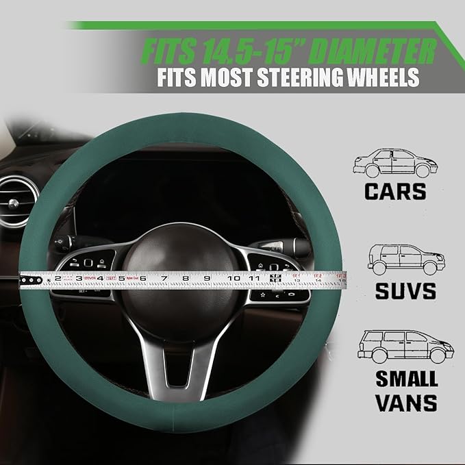 Suede Steering Wheel Cover with Upgraded Silicone Inner Ring, Breathable, Anti-Slip, Leather Universal 14.5 to 15 Inch Steeri
