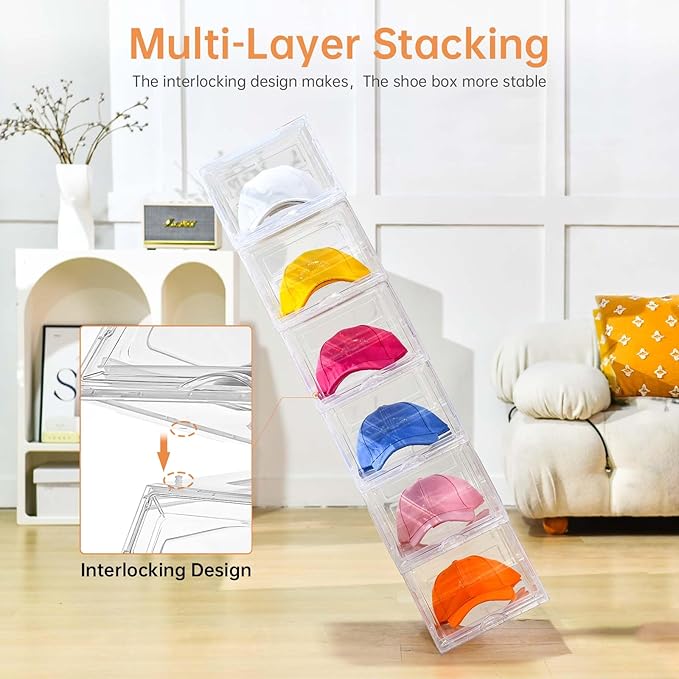 4 Pack Hat Organizer for Baseball Caps,Large Clear Cap Organizer with Drawer,Hats Holder Box for Closet with Sliding Tray,Sta