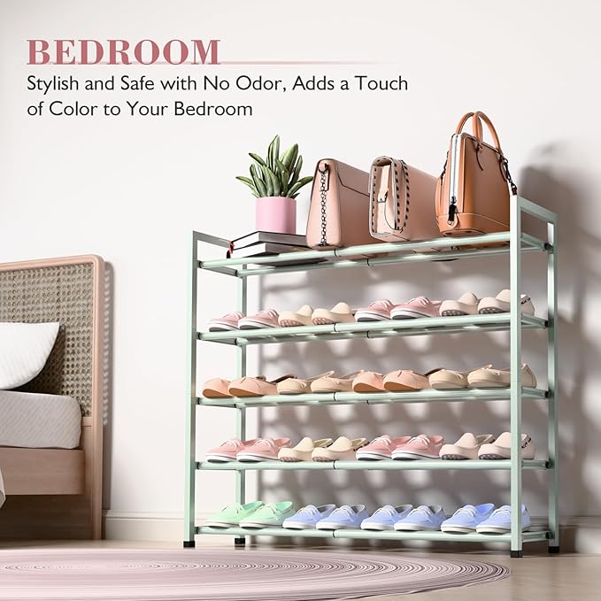 Bumusty 5-Tier Expandable Shoe Rack for Closet, 18“-33” Adjustable Shoe Rack for Small Space, Small Shoe Organizer for Front 