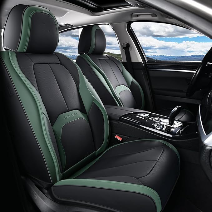 Coverado Automotive Seat Covers Front Seats, Leather Seat Covers 2 Pack, Black Green Car Seat Cover, Waterproof Car Seat Prot