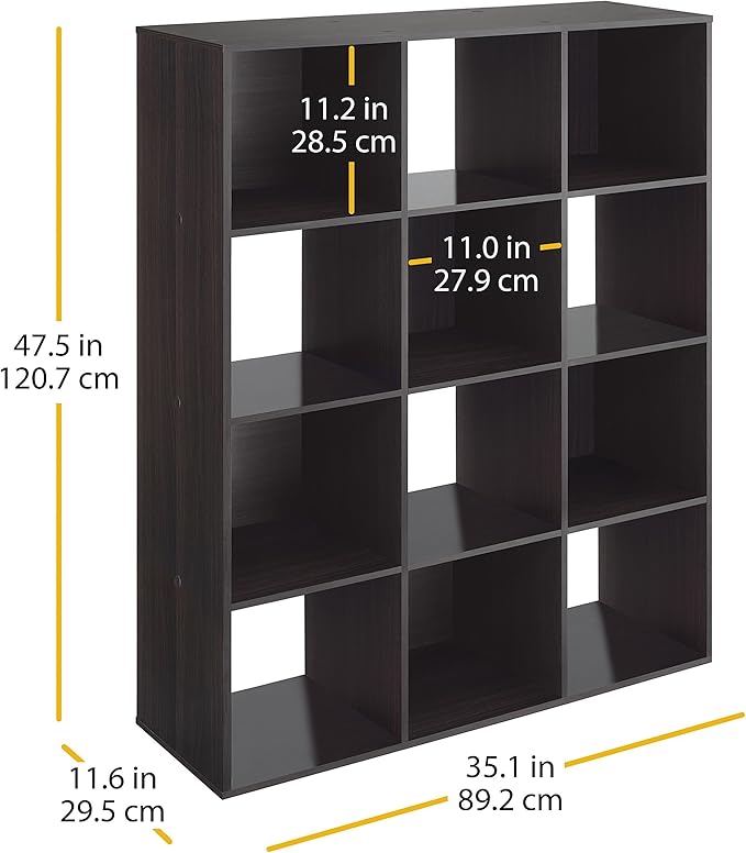 Whitmor 12 Cube Storage Organizer, 4 Tier Stackable Mdf Wood Bookcase, Open Storage Display Bookshelf, Storage Cabinet for Li